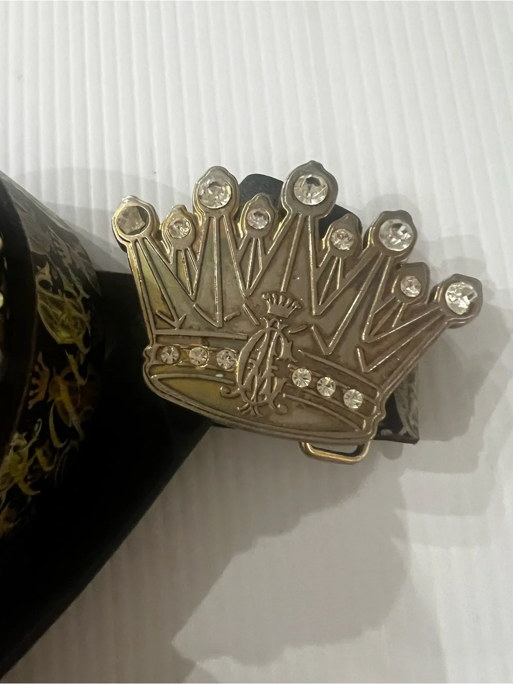 Rare Vintage Christian Audigier Rhinestone Crown Studded Leather Belt Y2K